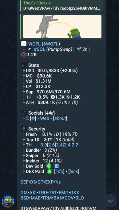 A cryptocurrency tracking app displays stats for 'WOFL ($WOFL)' on the Solana blockchain, showing a price of $0.0009333, a market cap of $90.6K, and a memecoin illustration of a wolf and Pepe.