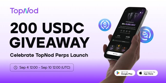 This promotional banner advertises a TopNod Perps Launch giveaway of 200 USDC, running from Sep 4 12:00 to Sep 10 12:00 (UTC), directing users to participate via TaskOn as mentioned in the caption. The image features the TopNod logo, a hand holding a smartphone displaying the app's trading interface, USDC coin graphics, and Google Play and App Store download badges.