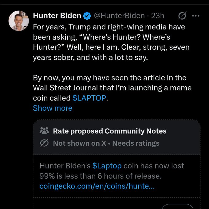 A tweet from Hunter Biden (@HunterBiden) announces the launch of a meme coin called $LAPTOP, with a Community Note stating 'Hunter Biden's $Laptop coin has now lost 99% is less than 6 hours of release.'