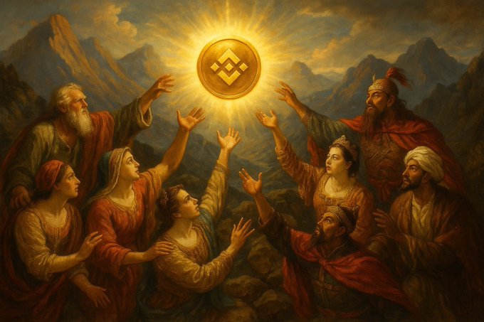 A group of people in classical robes reach reverently toward a glowing golden Binance (BNB) coin hovering in the sky, symbolizing hope and aspiration. The image ties to the post's "1 BNB and a dream" theme, depicting crypto enthusiasts longing for the elusive reward promised in the giveaway.