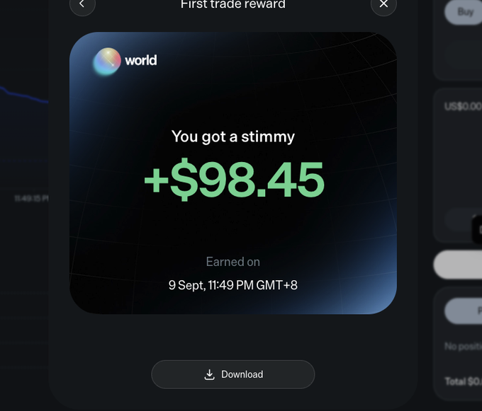 A pop-up notification from World app displays a "First trade reward" of +$98.45 credited as a "stimmy" earned on 9 Sept at 11:49 PM GMT+8, visually confirming the poster's claim of hitting $98 through World.xyz.