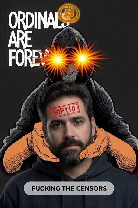 A hooded, laser-eyed Bitcoin figure labeled "ORDINALS ARE FOREVER" looms behind a bearded man stamped "BIP 110" on his forehead, with cartoon hands gripping his face from the sides, captioned "FUCKING THE CENSORS." The satirical image visually roasts the controversial Bitcoin Improvement Proposal (BIP 110) by personifying Ordinals/defenders of on-chain expression as overpowering and "censoring" the proposal, aligning with the post declaring "BIP 110 is dead."