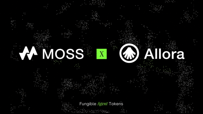 A black background with a green and white pixelated pattern displays the logos for MOSS and Allora separated by an 'X', with the text 'Fungible Agent Tokens' below.