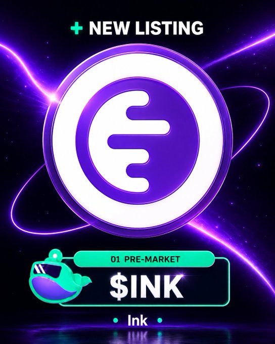 A promotional graphic displaying "+ NEW LISTING", "01 PRE-MARKET", the ticker "$INK" with the name "Ink", featuring a purple token logo and a teal fish mascot against a starry background.