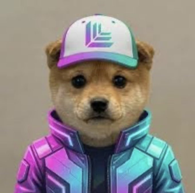 A digital portrait of a Shiba Inu dog wearing a colorful iridescent cap and jacket, styled in a vaporwave/retro aesthetic.