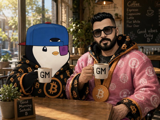Two figures in Bitcoin-themed bathrobes sit at a coffee shop holding 'GM' mugs; one is a man with sunglasses and the other is a penguin mascot character.