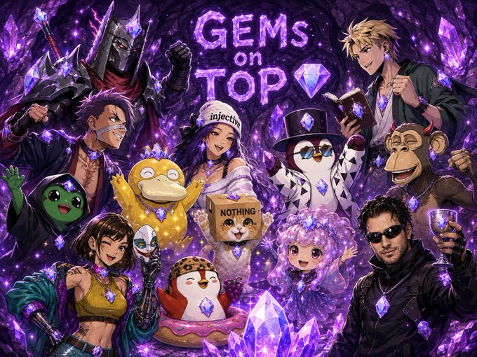 A vibrant promotional artwork titled 'GEMS ON TOP' featuring various colorful cartoon and anime-style characters including a penguin in a top hat, a monkey, a banana character, and others against a purple crystalline background.