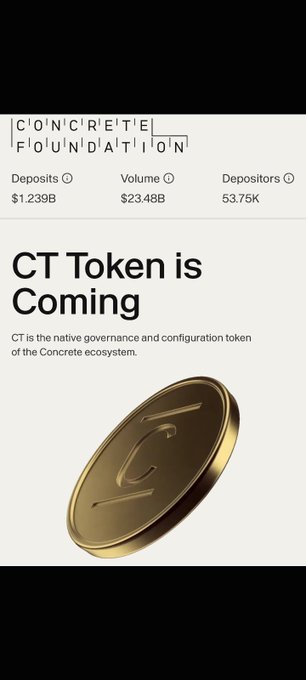 An announcement graphic for the Concrete Foundation stating 'CT Token is Coming,' described as the native governance and configuration token of the Concrete ecosystem, featuring statistics like $1.239B Deposits, $23.48B Volume, and 53.76K Depositors alongside a gold coin logo.
