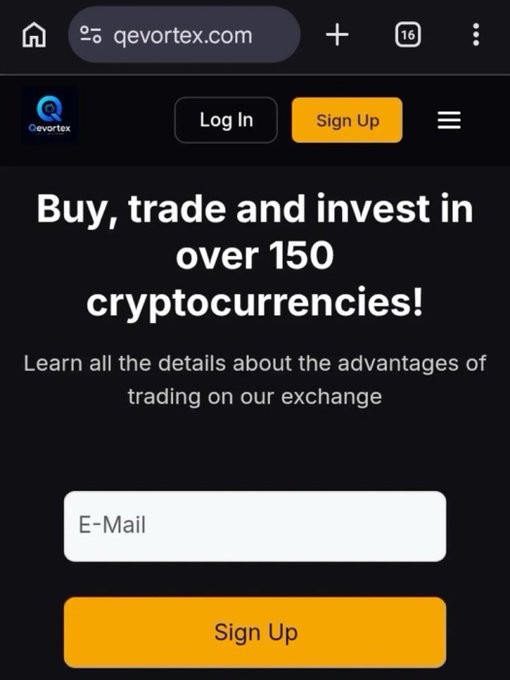 A mobile screenshot of the qevortex.com website advertising trading in over 150 cryptocurrencies, with options to log in, sign up, and enter an email address.