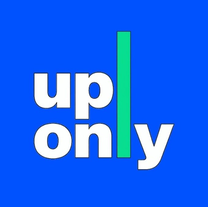 A blue graphic features the bold white text “up only” beside a bright green vertical bar. It serves as the UpOnlyTV branding for a POVMarket prediction asking whether UpOnlyTV will release at least one new episode by December 31, 2026.