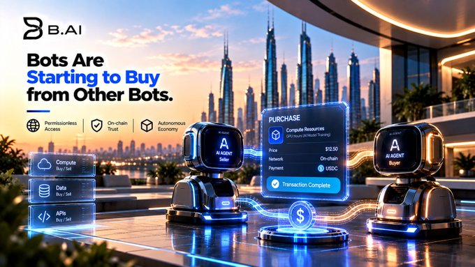 A futuristic advertisement for B.AI features two AI Agent robots transacting, with text reading 'Bots Are Starting to Buy from Other Bots' and highlighting Permissionless Access, On-chain Trust, and Autonomous Economy.