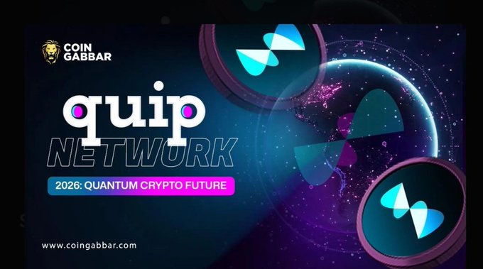 A promotional banner for 'QUIP NETWORK' with the tagline '2026: QUANTUM CRYPTO FUTURE' by Coin Gabbar (www.coingabbar.com), featuring stylized geometric logo designs against a dark cosmic background.