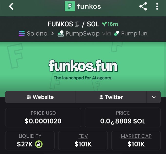 A screenshot of the Funkos token page showing FUNKOS/SOL trading on PumpSwap via Pump.fun with a price of $0.0001020 and market cap of $101K.
