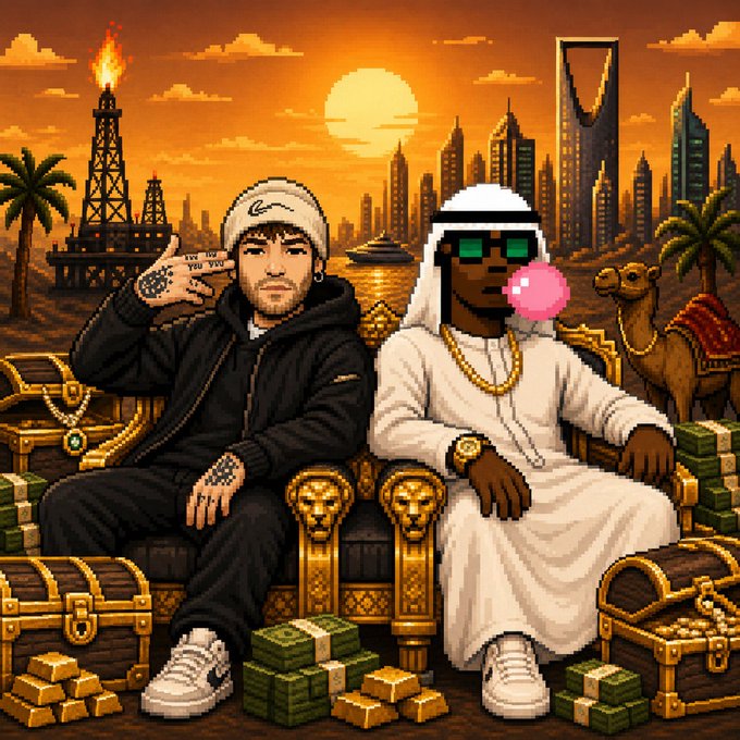 Two pixel-art characters—one in a tracksuit and beanie, the other in traditional Gulf attire with green sunglasses—sit on a golden throne surrounded by treasure chests, gold bars, and cash, set against a sunset cityscape with oil rigs and skyscrapers. The image reinforces the post's urgency and exclusivity, using opulent wealth symbolism to hype the limited WL spots and Telegram drop at t.me/trapouzz.