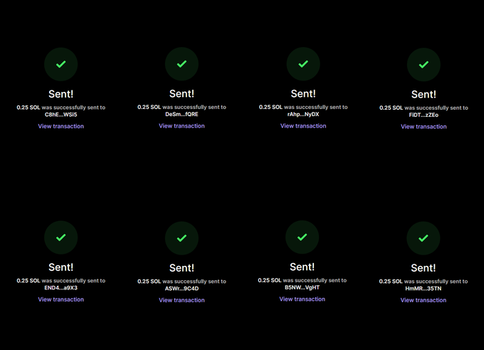 The image shows 8 successful SOL transactions of 0.25 SOL each, sent to the wallet addresses of the giveaway winners (@davidI40225, @Gnf24Robin, @Ifw_travhis, @TiMi_339, @abiola_turner, @O_Divinee, @fvglyy__, @ifswago1), with each transaction marked "Sent!" and a green checkmark, confirming the prizes were distributed to the winners listed in the post.