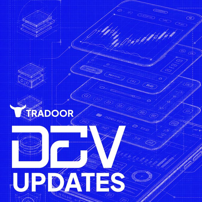 A promotional graphic with a blueprint design background advertises 'TRADOOR D2V UPDATES' featuring illustrations of trading app interfaces.