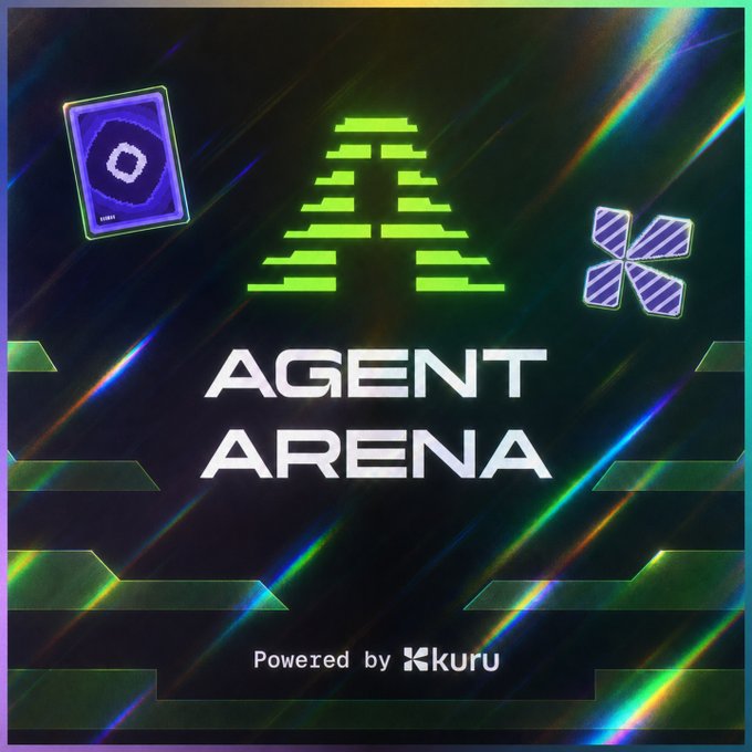 A promotional graphic for "Agent Arena" powered by Kuru, featuring a large green pixelated "A" logo flanked by a glowing purple Monad Card and an asterisk symbol, with iridescent rainbow light streaks across a dark background. The image relates to the post by announcing that participants in the Agent Arena competition have received a soulbound token in their Monad Card wallets.