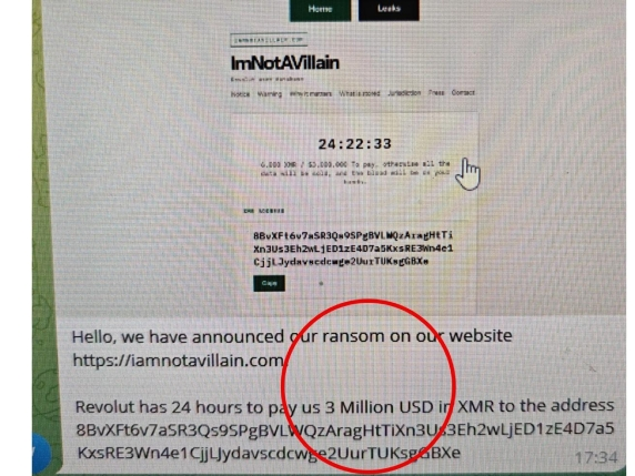 The image shows a ransom note on the website "ImNotAVillain" demanding $3 million in Monero (XMR), displayed alongside a WhatsApp message containing the same demand and wallet address. The post's note is relevant because the ransom explicitly requests payment in Monero rather than a "privacy coin" like Zcash, highlighting XMR's real-world use in illicit transactions.