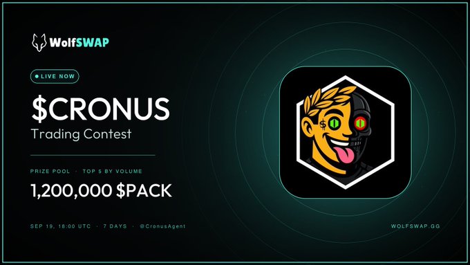 WolfSWAP promotional banner for a $CRONUS Trading Contest with a 1,200,000 $PACK prize pool, featuring the same cyborg character logo.