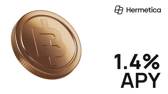 A gold Bitcoin coin next to the Hermetica logo and text reading '1.4% APY' against a white background.
