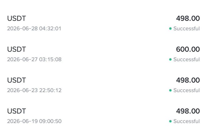 The image displays a transaction history showing four successful USDT payments of 498.00 and 600.00 between June 19-28, 2026, likely meant to showcase proof of earnings to promote the web3/Solana job opportunities mentioned in the accompanying post.
