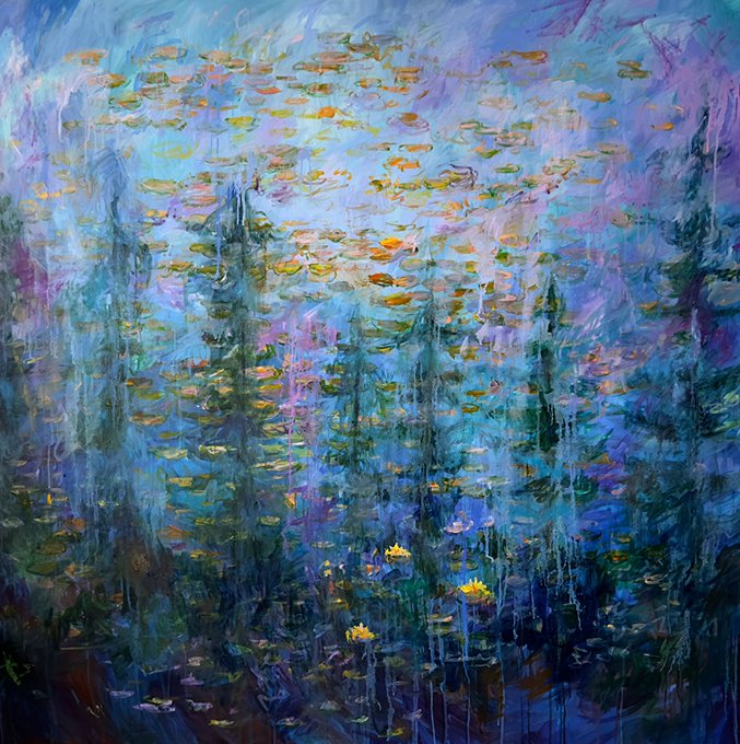 An impressionist-style painting in blues, purples, and greens with vertical brushstrokes and yellow/orange dabs, reminiscent of Monet's water lily series.