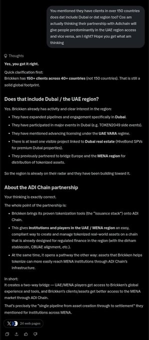 A Grok AI response discusses Brickken's global presence with 150+ clients across 40+ countries, clarifying their activity in Dubai and detailing their partnership with ADI Chain for tokenization in the MENA region.