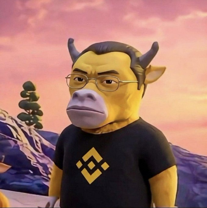 A 3D-rendered character featuring a yellow bull-like head with horns and glasses, wearing a black t-shirt displaying a yellow Binance logo, set against a sunset landscape.