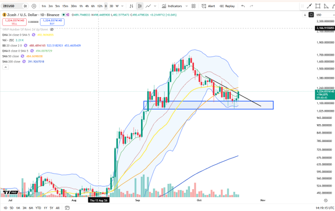 A ZEC/USD 1-day candlestick chart on TradingView shows Zcash/US Dollar ($ZEC/USD) recovering from an August low and consolidating near $1,300–$1,400, with Bollinger Bands and moving averages visible. The chart supports the accompanying post “$ZEC trying to continue,” highlighting a recent upward push followed by consolidation around the green average.