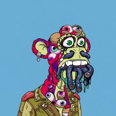 The image features a cartoon monkey with an unusual appearance, wearing a brown jacket and having googly eyes. The monkey appears to be bored or uninterested, as if it's just sitting there without any action or movement. The background of the image is blue, which contrasts with the monkey's brown jacket and adds depth to the scene. There are no texts present in the image, so we can only see what is directly related to the post "bored ape yacht club".