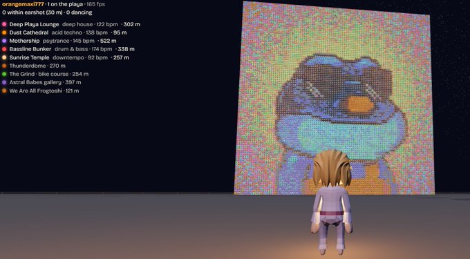 A virtual 3D environment with a character facing a large pixelated screen showing an orange creature, accompanied by a playlist titled 'orangemax1777 · 1 on the playa · 165 fps' featuring various song titles with BPM information.