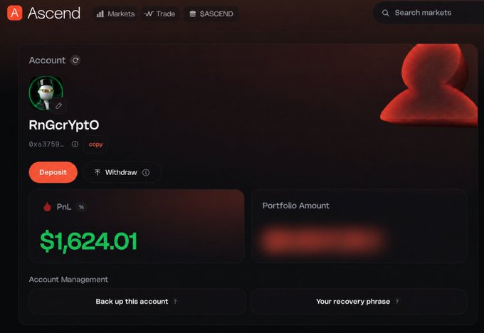 A screenshot of a crypto account dashboard on the 'Ascend' platform showing a username 'RnGcrYptO', a PnL of '$1,624.01', and Deposit/Withdraw options.