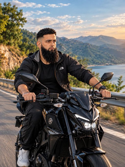 A bearded man in a black jacket riding a black Yamaha motorcycle on a coastal road with mountains and the ocean in the background.