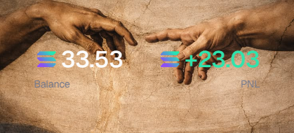A graphic overlaying cryptocurrency stats on Michelangelo's "Creation of Adam" painting, showing a Balance of 33.53 and PNL of +23.03.
