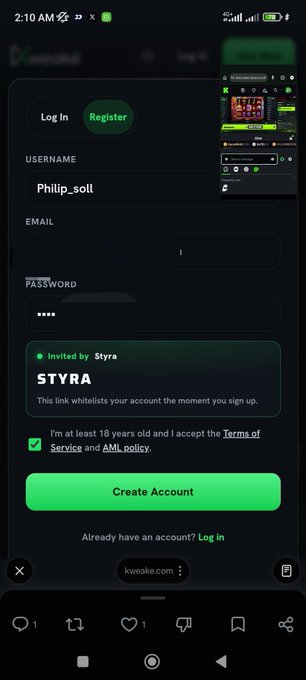 A mobile screenshot of a sign-up page for a platform, showing the username 'Philip_soll' and an 'Invited by Styra' link whitelisting the account.