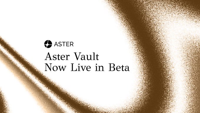 A minimalistic promotional banner with a gold particle effect reading 'ASTER — Aster Vault Now Live in Beta'.