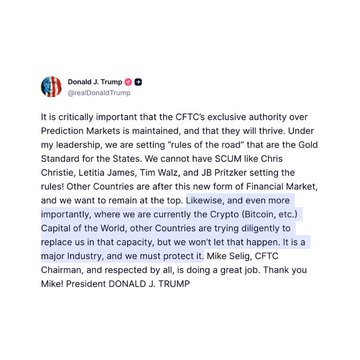 The image shows a screenshot of a text message posted on social media by Donald J. Trump, which reads "Huge Optimism Regarding Cryptocurrencies President Trump stated that the United States will remain the capital of cryptocurrencies in the world," and warns that other countries are seeking to wrest America's position in the field of Bitcoin and digital assets. The author also mentioned what is happening in the image and how it relates to the post, suggesting that someone might be trying to protect or restore cryptocurrency regulations in the United States.