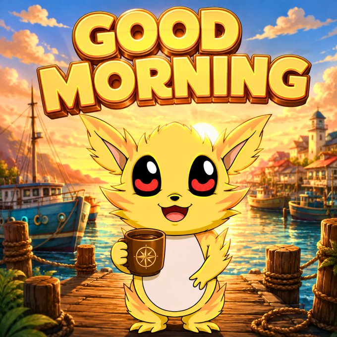 A cheerful yellow cartoon creature holding a coffee mug on a wooden dock at a harbor, with 'GOOD MORNING' text in large yellow letters above against a sunset sky.