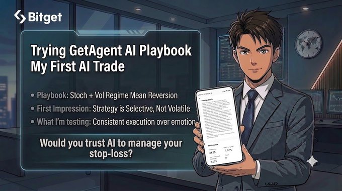 The focus of this image is an advertisement for an AI playbook called "Getting Agent AI Playbook My First AI Trade", which provides tips on how to use artificial intelligence (AI) in trading strategies. The main character, a man dressed in a suit and tie, poses with his phone displaying the information about the playbook while standing near a computer monitor. This suggests that he is showcasing the book's features or highlighting its benefits for potential users who are interested in incorporating AI into their trading activities.