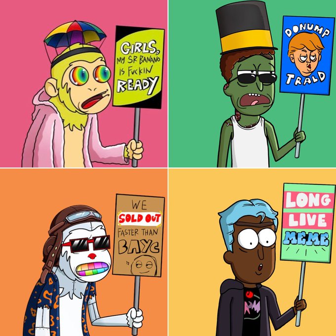A 2x2 grid of crypto-meme cartoon characters holding protest signs that read 'GIRLS, MY SIR BANANO IS F*KKIN READY', 'DONUMP TRALP', 'WE SOLD OUT FASTER THAN BAYC', and 'LONG LIVE MEME'.