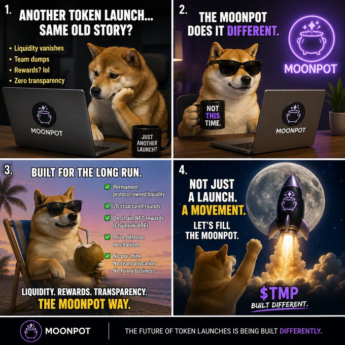 A four-panel promotional graphic for 'MOONPOT' ($TMP) token featuring a Shiba Inu dog, with slogans like 'ANOTHER TOKEN LAUNCH... SAME OLD STORY?' and 'BUILT FOR THE LONG RUN.'