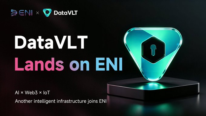A promotional banner announcing 'DataVLT Lands on ENI' featuring both logos, the tagline 'AI × Web3 × IoT', and a glowing teal gem-shaped icon with a keyhole.