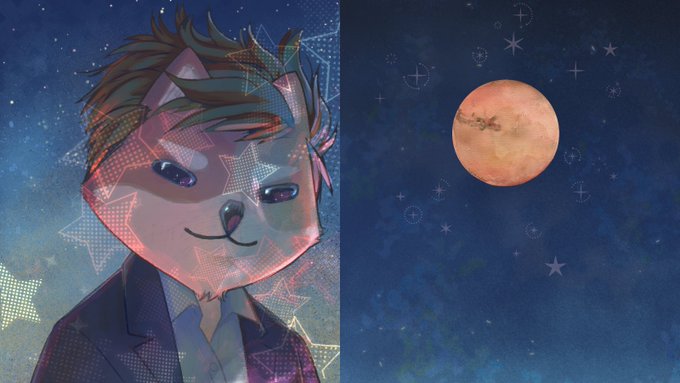 A digital illustration shows an anthropomorphic animal character with brown hair on the left side, wearing a suit against a starry background, while the right side features an illustration of the planet Mars with a small spacecraft approaching it, set against a starry night sky—visually reflecting the "Mars on my mind" theme.