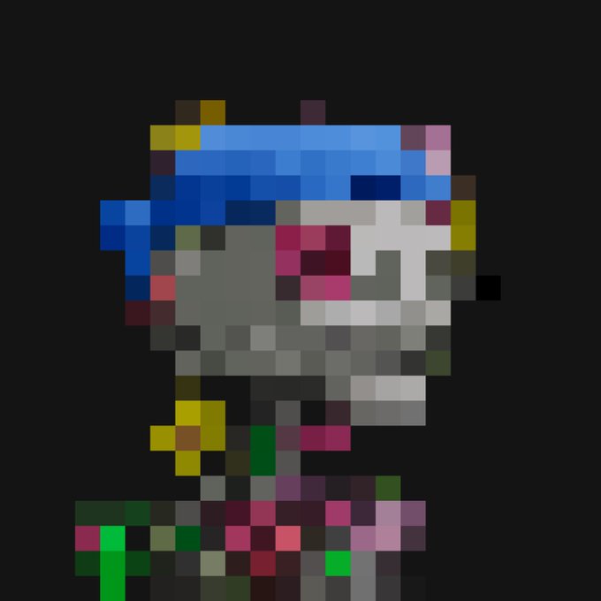 A heavily pixelated, abstract image with blocks of various colors including blue, gray, pink, green, and yellow on a black background.