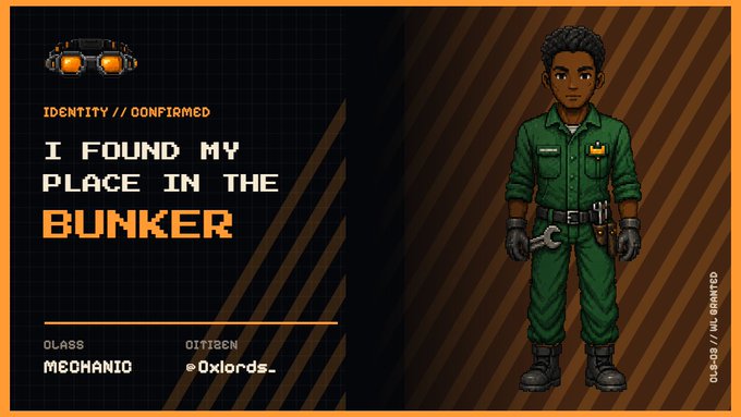 A pixel-art style character profile showing a young man in a green jumpsuit with a wrench, alongside the text 'I FOUND MY PLACE IN THE BUNKER' and 'IDENTITY // CONFIRMED'.