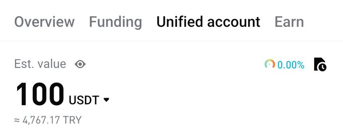 A screenshot showing a 'Unified account' interface with an estimated value of '100 USDT' (approximately '4,767.17 TRY') and tabs for Overview, Funding, and Earn.