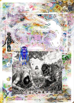 A colorful collage featuring a white bunny outline, anime figures, and a vintage black-and-white illustration.