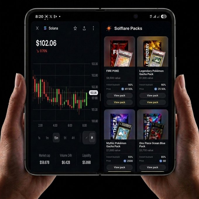A foldable smartphone displays the Solana trading chart at $102.06 (down 0.70%) alongside Solflare Packs including FIRE POKE, Legendary Pokemon Gacha Pack, Mythic Pokémon Gacha Pack, and One Piece Ocean Blue Pack, with market cap $59.87B and volume $6.42B.