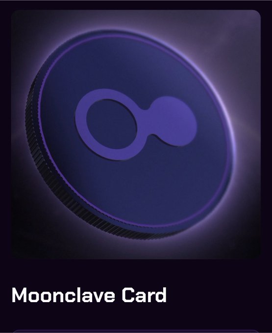 A dark image featuring a glowing purple circular emblem with a figure-eight symbol inside, labeled "Moonclave Card" at the bottom.