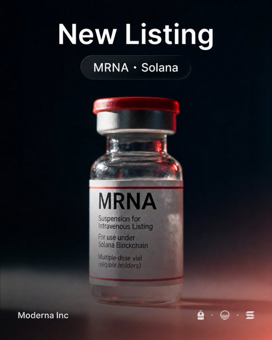 A promotional image announcing a 'New Listing' for 'MRNA • Solana' by Moderna Inc, depicting a medical vial labeled 'MRNA Suspension for Intravenous Listing'.